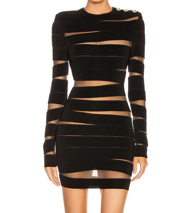 Mock Neck Long Sleeve Mesh Panel Bandage Mini Dress