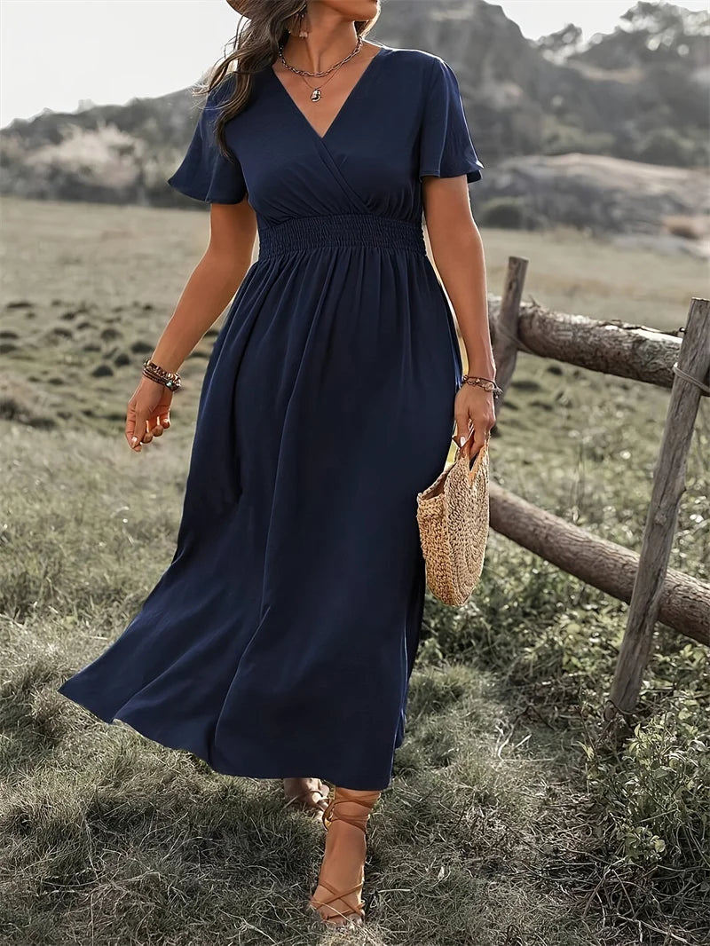 Surplice V-Neck Smocked Waist Flutter Sleeve Maxi Dress