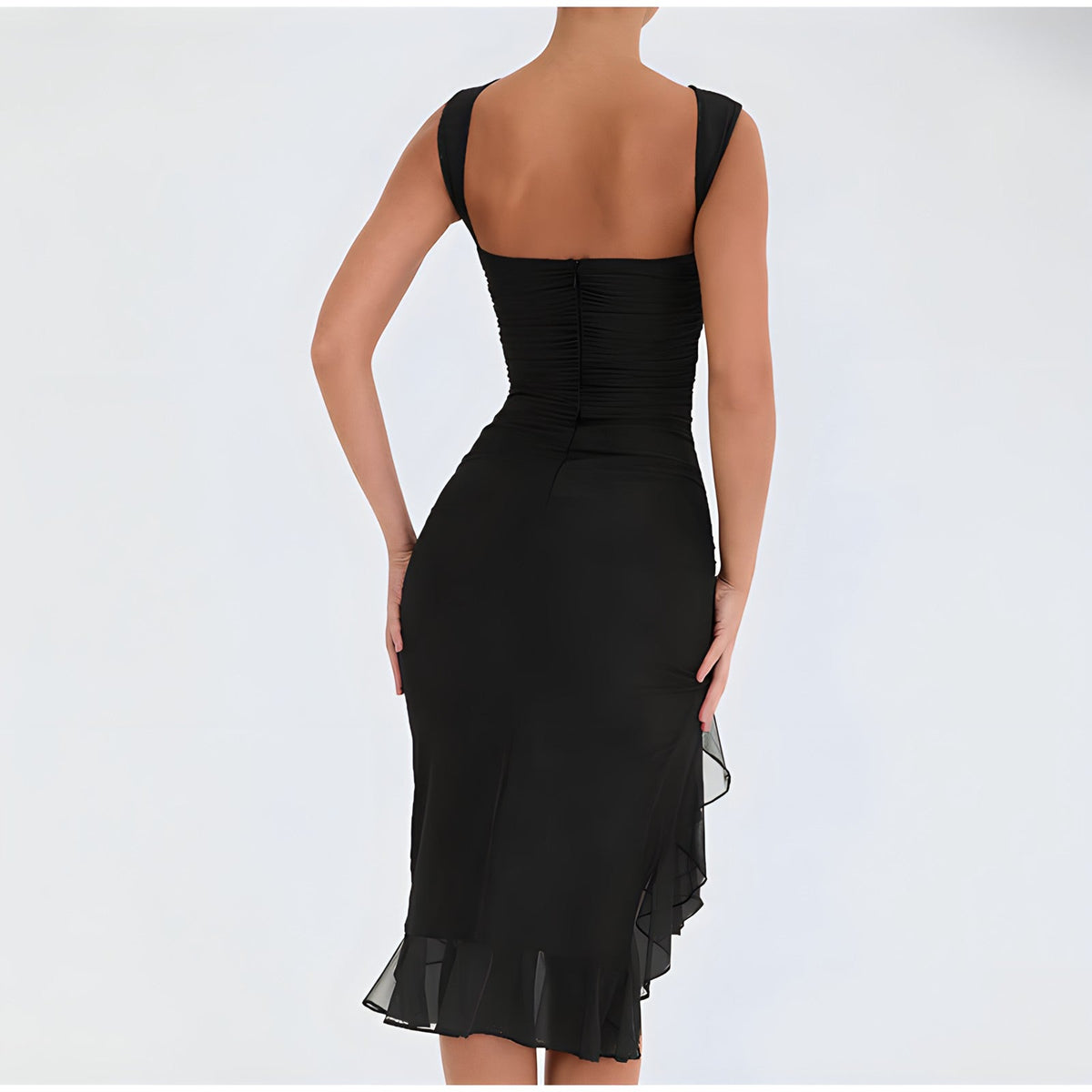 Ruched Crew Neck High Split Ruffle Hem Bodycon Midi Dress 3