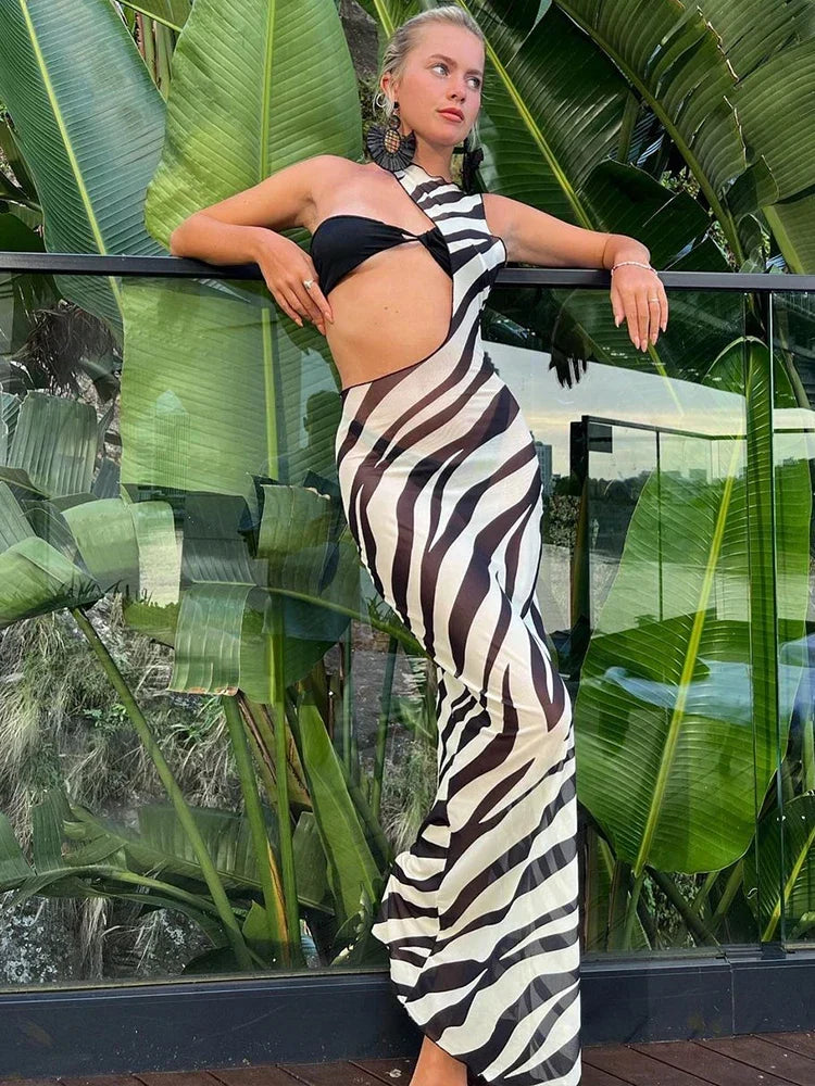 Zebra Print One Shoulder Side Cut Out Mesh Bodycon Maxi Dress 5