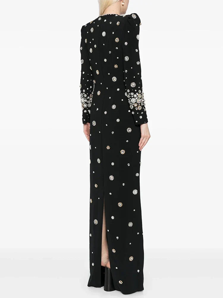 Crystal Floral Embellished Structured Shoulder Long Sleeve Column Maxi Dress 2