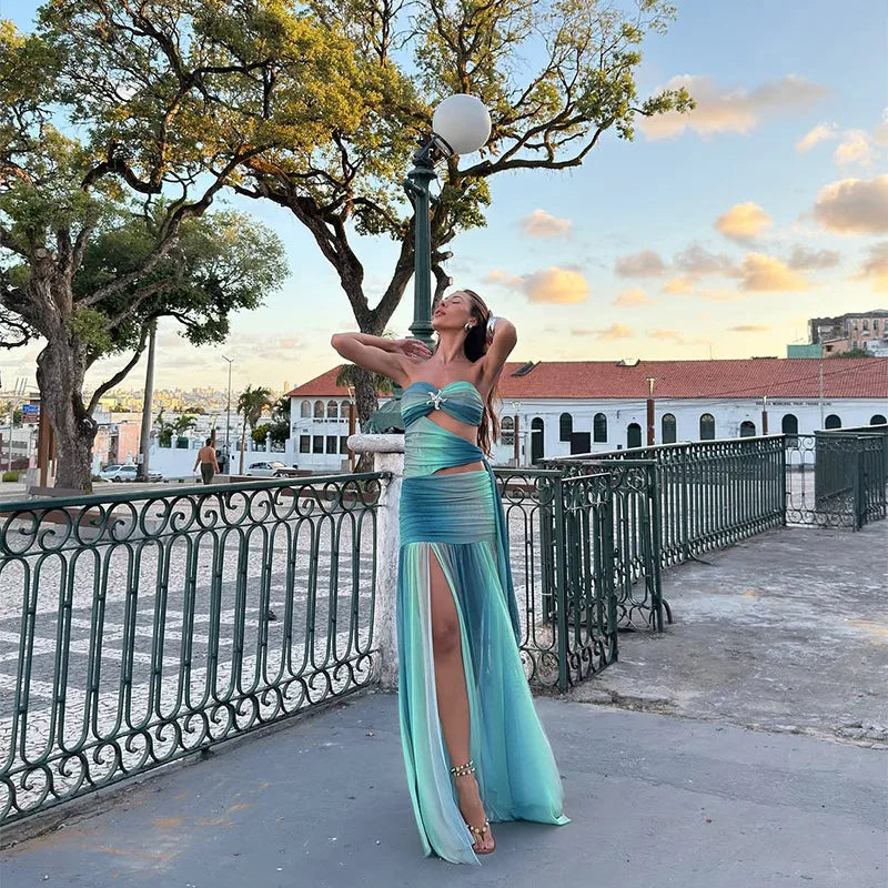 Strapless Starfish Brooch Side Cutout Ruched High Slit Maxi Dress 11