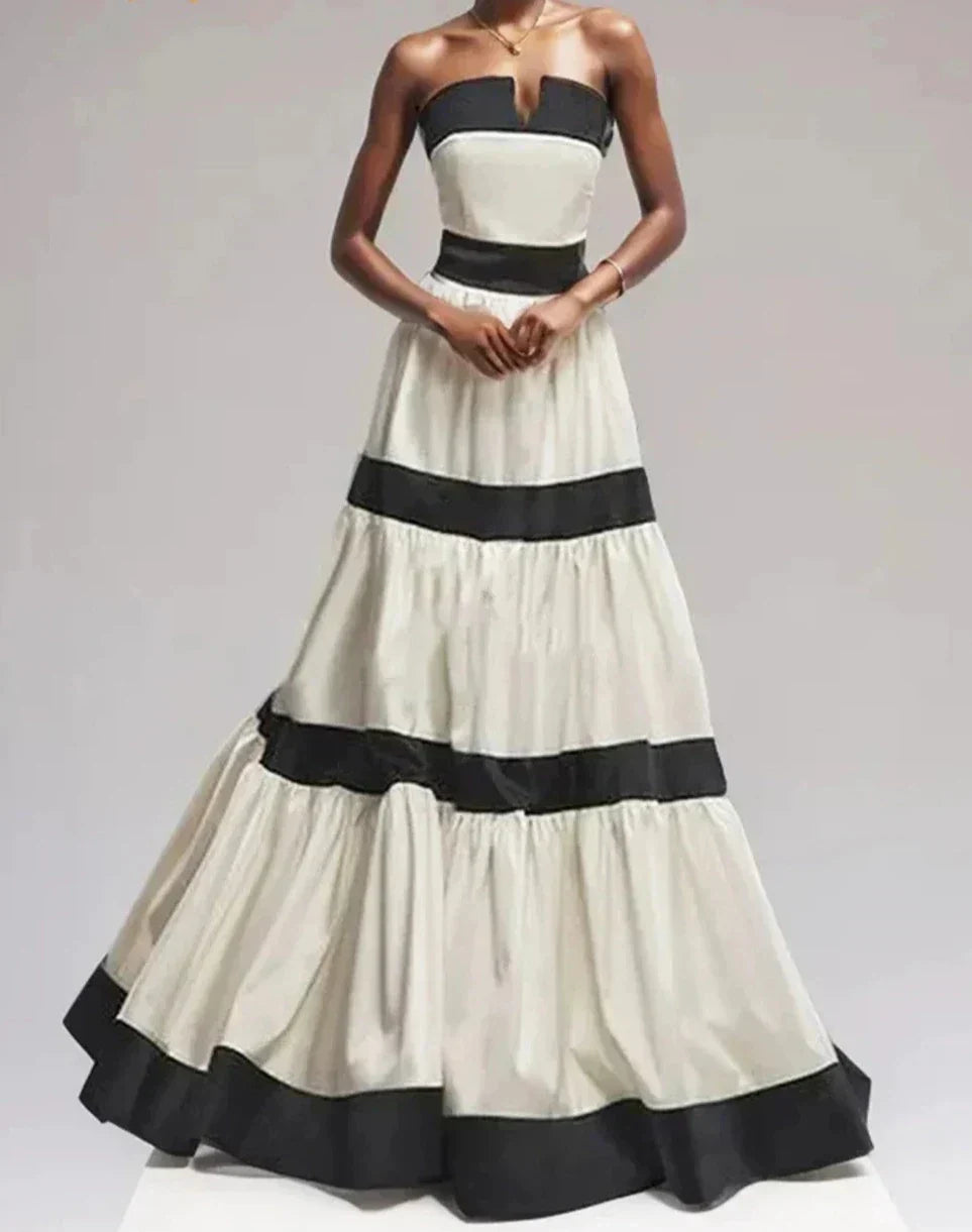 Strapless V Notch Neckline Tiered Horizontal Banded Full Skirt Gown