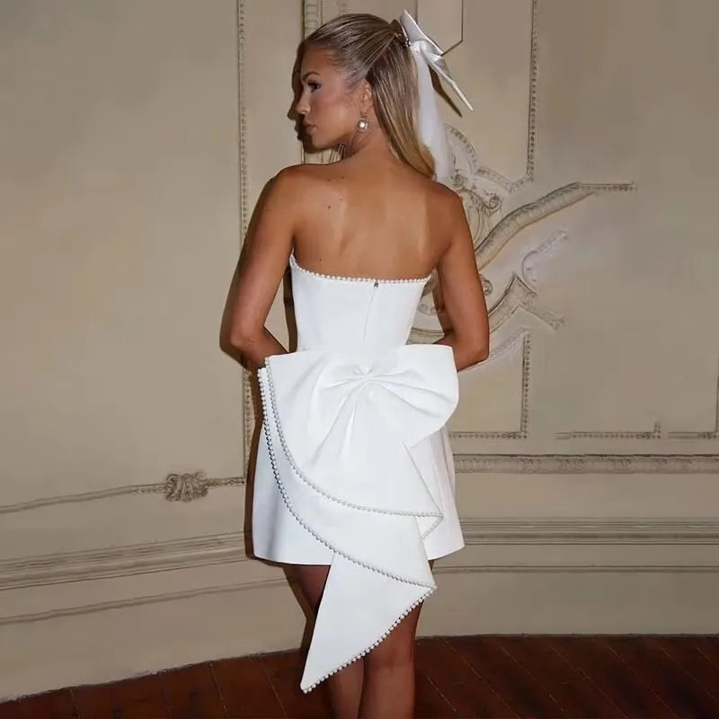 Pearl Trim Neckline Princess Seam Oversized Bow Back Fit and Flare Mini Dress 8