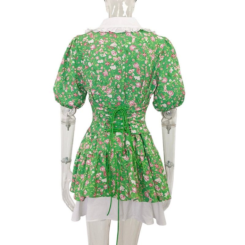 Ditsy Floral Print Peter Pan Collar Button Front Tiered Ruffle Hem Mini Dress 4