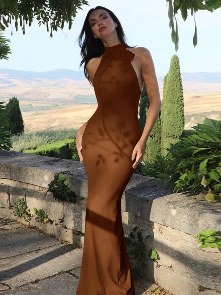 Mock Neck Halter 3D Floral Applique Bodycon Maxi Dress 10