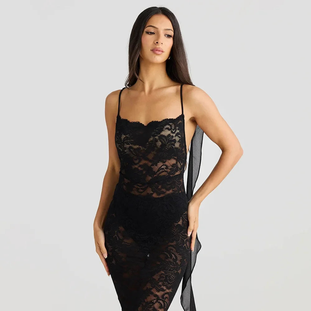 Lace Backless Spaghetti Strap Trailing Ribbon Ruffle Maxi Dress 11