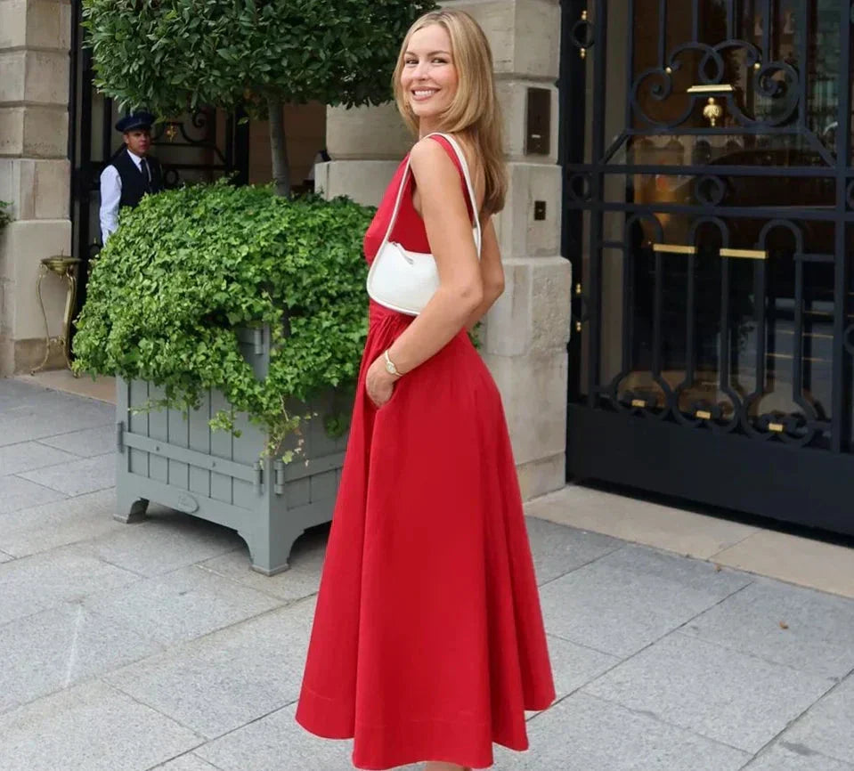 Crew Neck Sleeveless Pocket A-Line Pleated Midi Dress 3