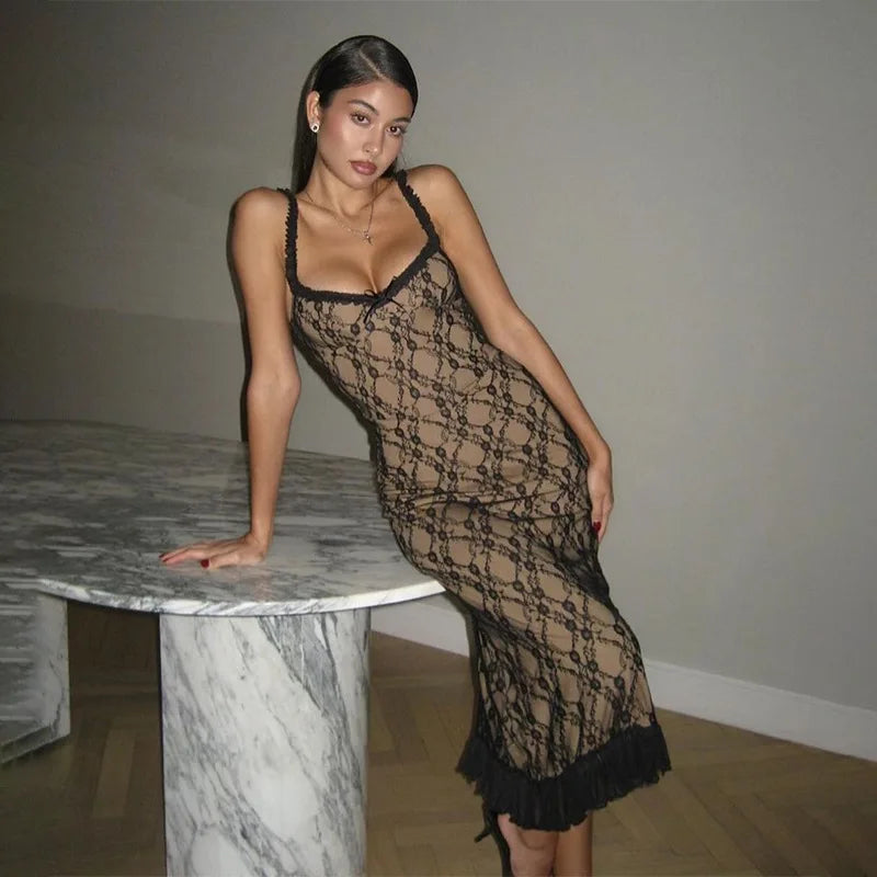 Lace Floral Overlay Spaghetti Strap Scoop Neck Ruffle Hem Midi Dress 2