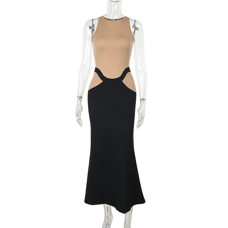 High Neck Sheer Mesh Bodice Curved Waist Hip Cutout Column Maxi Gown 7