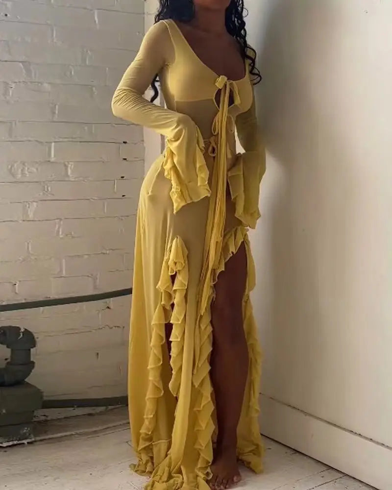 Deep U-Neck Tie Front Bell Cuff Ruffle Slit Maxi Dress 2