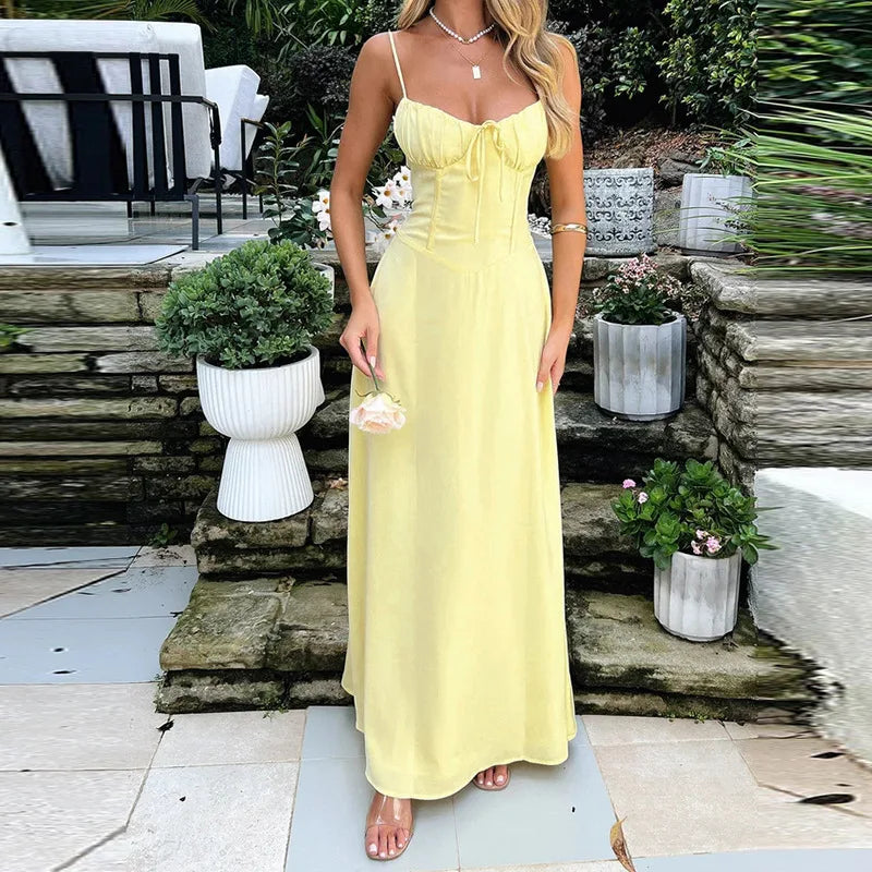 Sweetheart Neck Spaghetti Strap Ruched Tie Front Column Maxi Dress 15