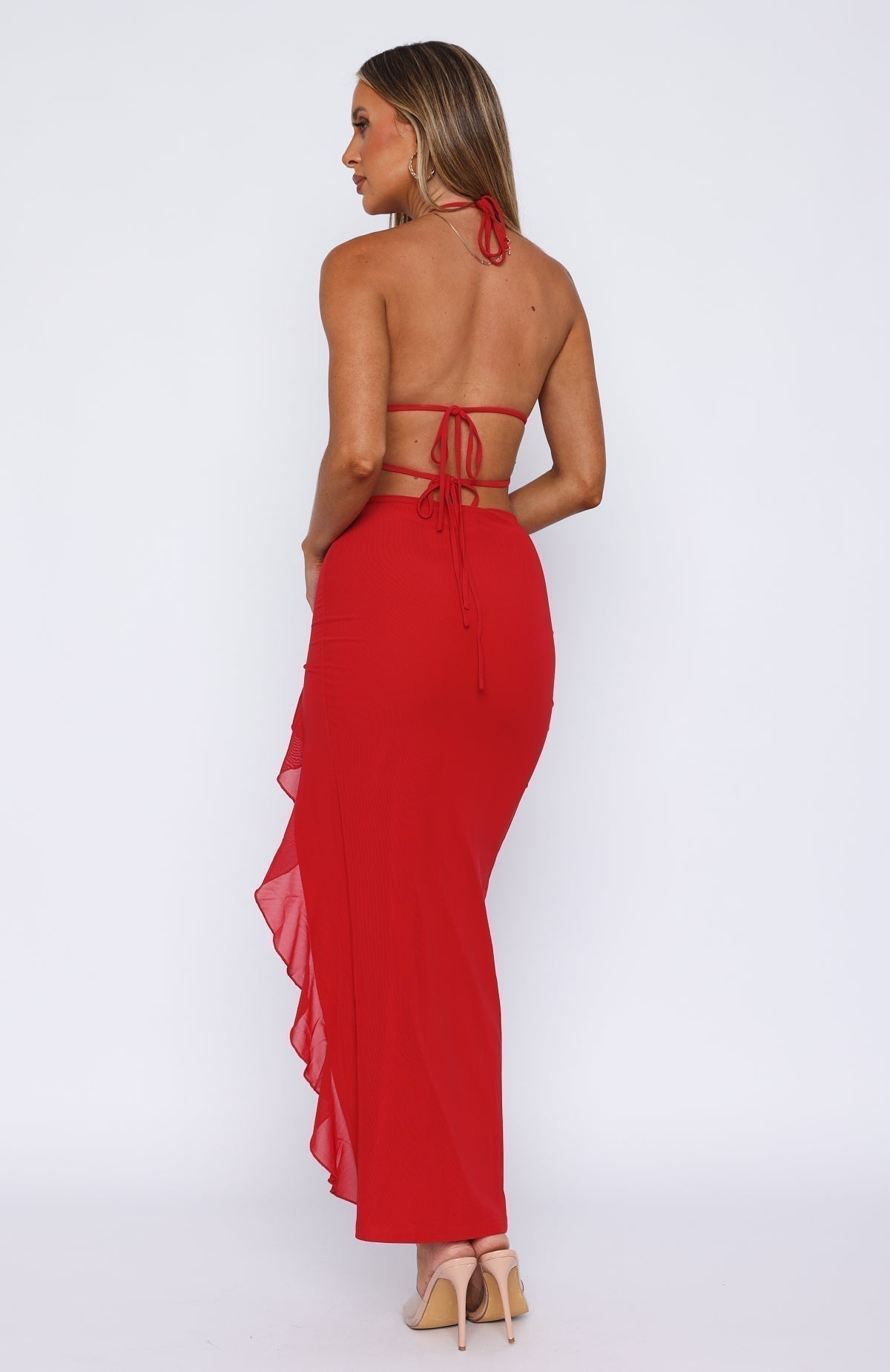 Halter Keyhole Tie Front Ruffle Slit Maxi Dress 3