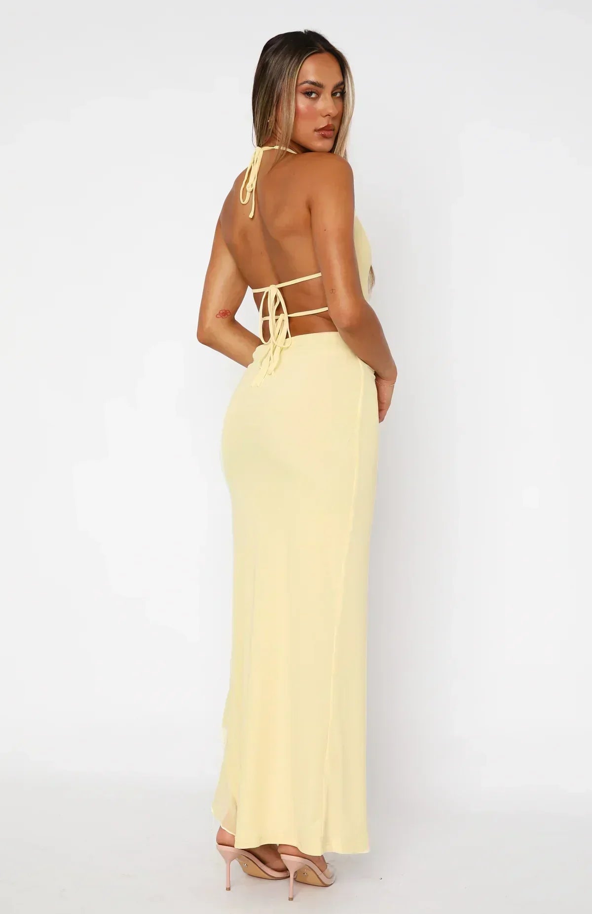 Halter Keyhole Tie Front Ruffle Slit Maxi Dress 6