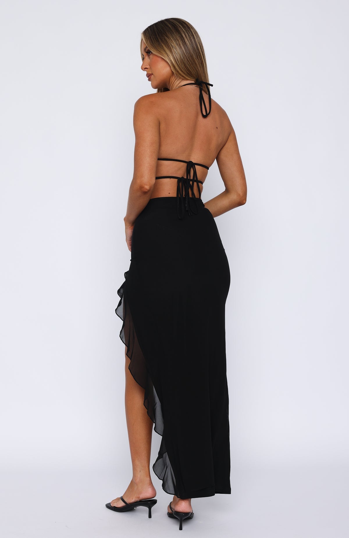 Halter Keyhole Tie Front Ruffle Slit Maxi Dress 9