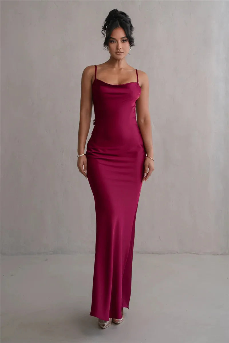 Spaghetti Strap Floral Applique Cowl Back Satin Maxi Dress 30