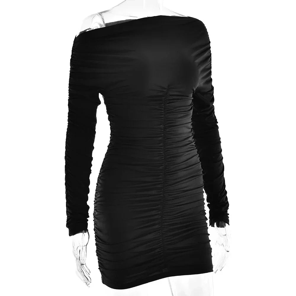 Asymmetric Neck Ruched Gathered Long Sleeve Bodycon Mini Dress 13