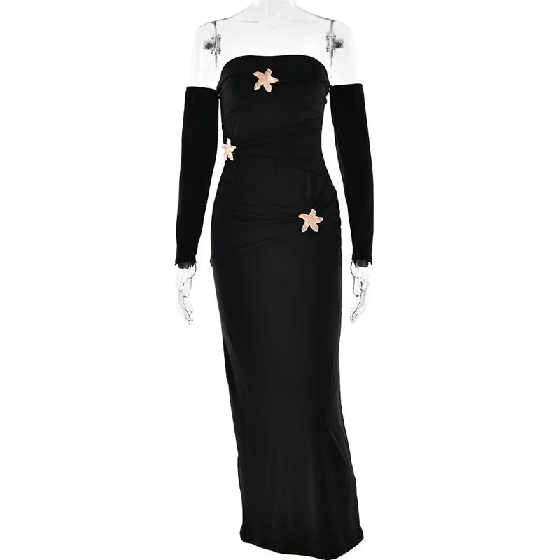 Off Shoulder Buckle Ruched Drape Long Sleeve Maxi Dress 7