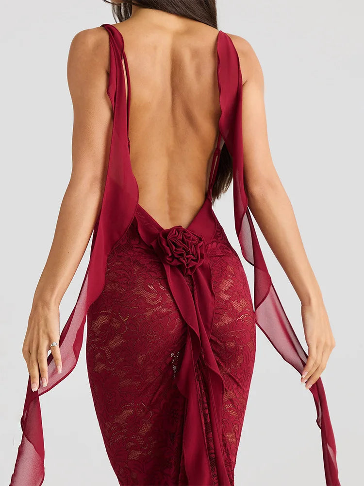 Lace Backless Spaghetti Strap Trailing Ribbon Ruffle Maxi Dress 5