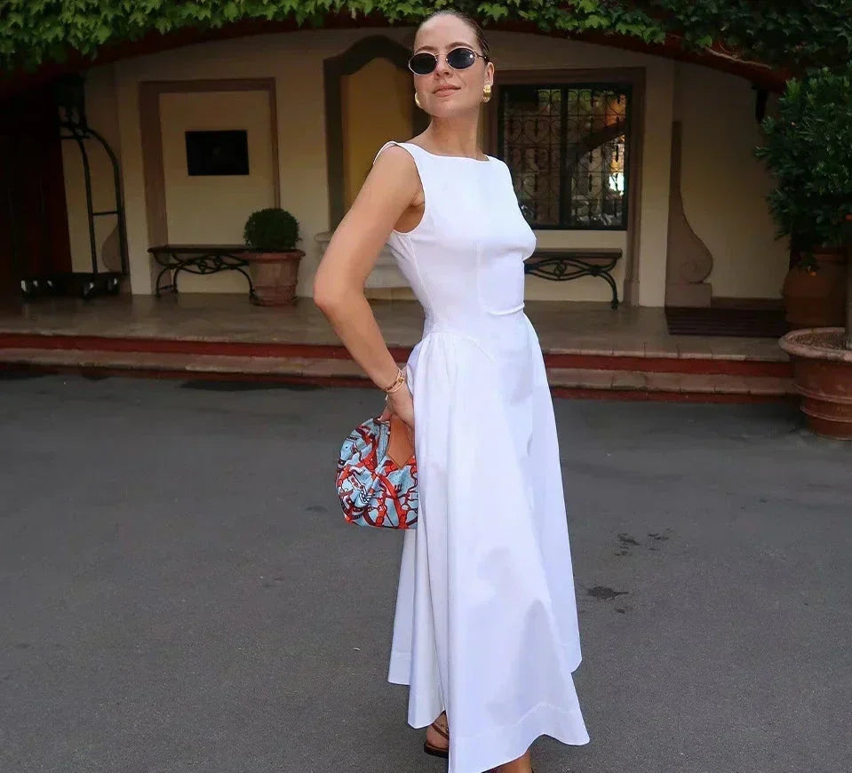 Crew Neck Sleeveless Pocket A-Line Pleated Midi Dress 4