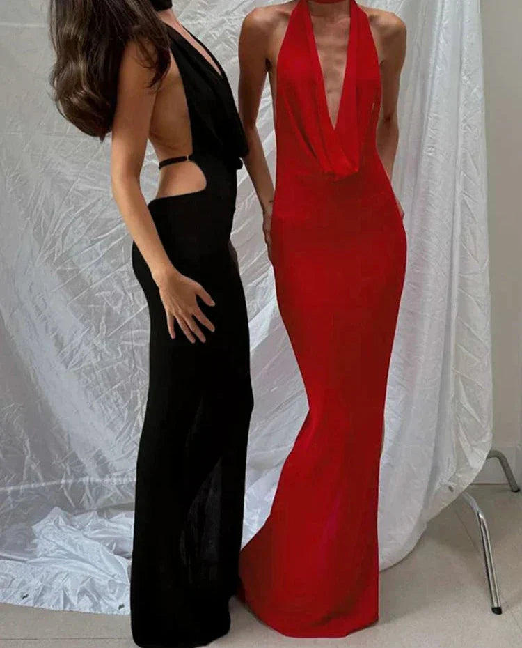 Halter Plunging Cowl Backless High Slit Maxi Dress 3