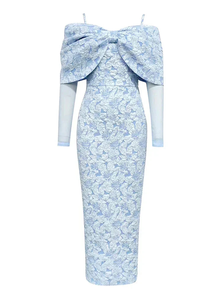 Spaghetti Strap Draped Bow Overlay Floral Lace Mesh Sleeve Midi Dress 7