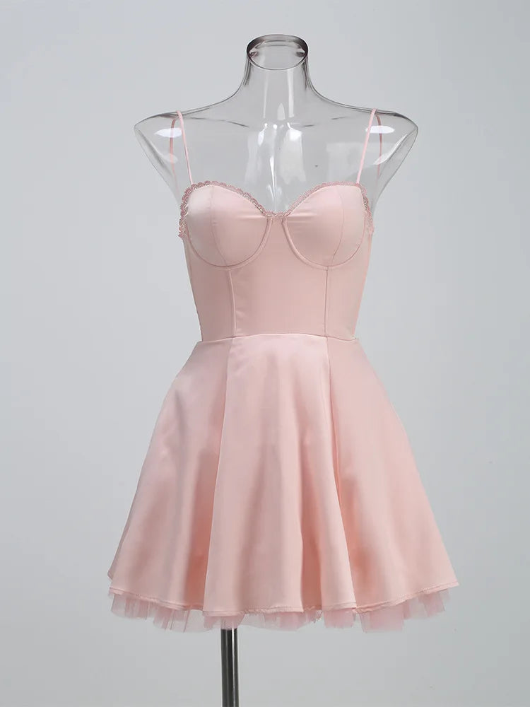 Sweetheart Neck Lace Trim Spaghetti Strap Tulle Hem Fit and Flare Mini Dress 5