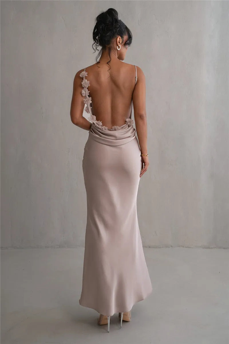 Spaghetti Strap Floral Applique Cowl Back Satin Maxi Dress 18
