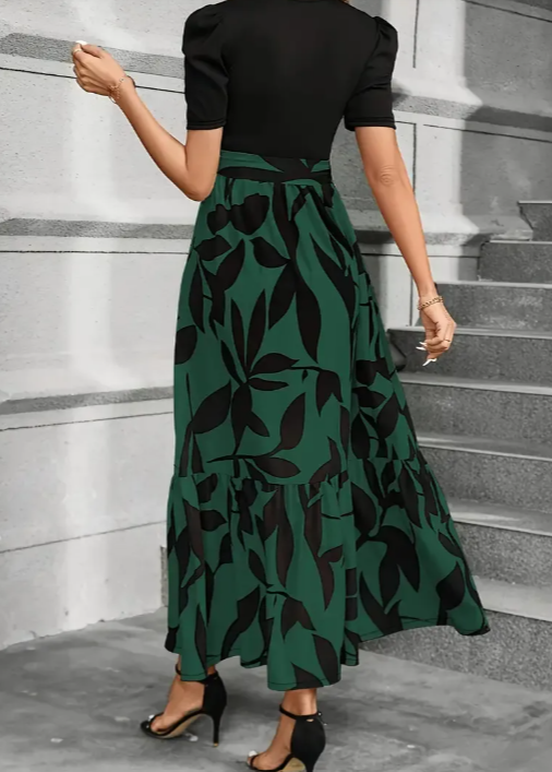 Puff Sleeve Crew Neck Abstract Floral Print Tie Waist Tiered Maxi Dress 5