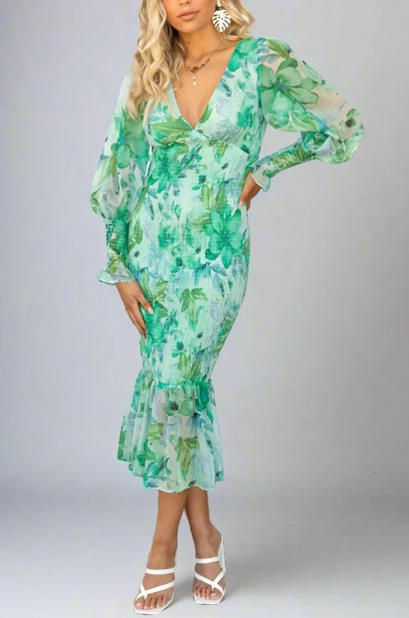Floral Print Deep V-Neck Balloon Sleeve Smocked Mermaid Hem Midi Dress