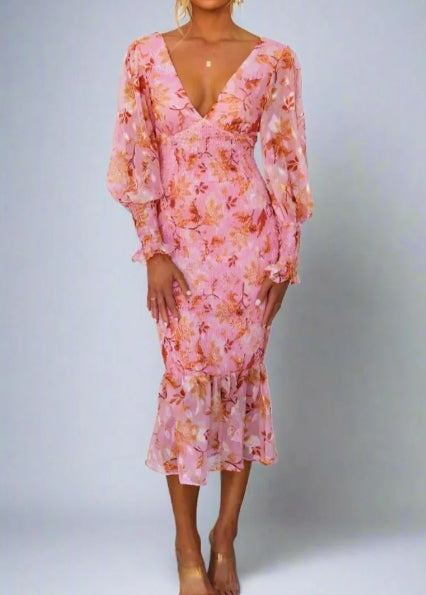 Floral Print Deep V-Neck Balloon Sleeve Smocked Mermaid Hem Midi Dress 2