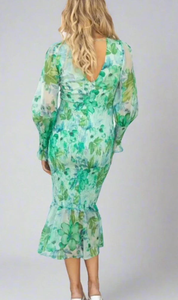 Floral Print Deep V-Neck Balloon Sleeve Smocked Mermaid Hem Midi Dress 3