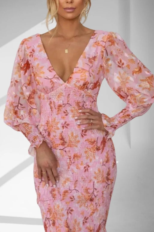 Floral Print Deep V-Neck Balloon Sleeve Smocked Mermaid Hem Midi Dress 5