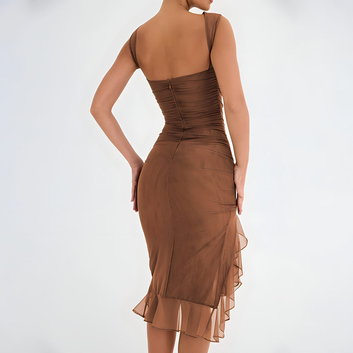 Ruched Crew Neck High Split Ruffle Hem Bodycon Midi Dress 16