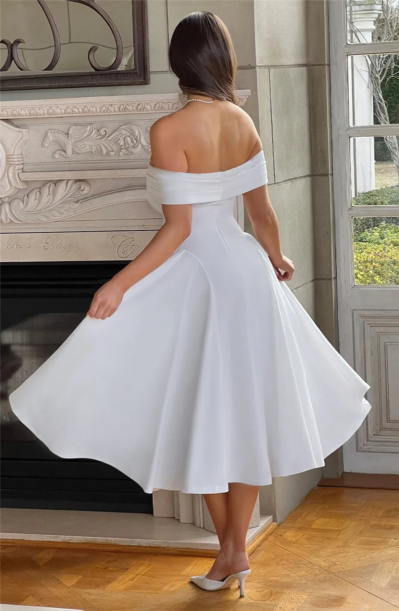 Off-Shoulder Folded Band Box Pleat Flare Midi Dress 5