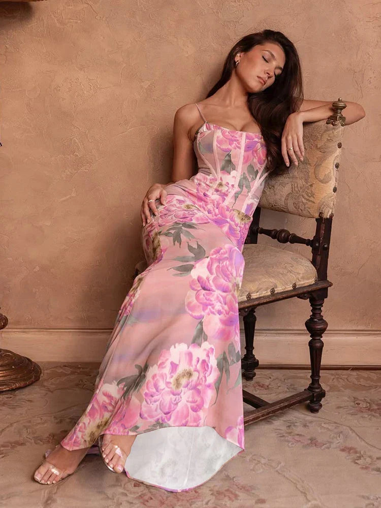 Corset Boning Floral Print Spaghetti Strap Bodycon Maxi Dress 4