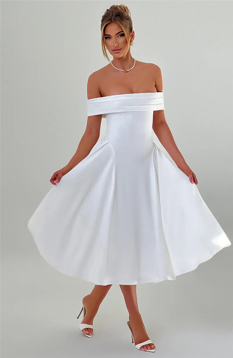 Off-Shoulder Folded Band Box Pleat Flare Midi Dress 6
