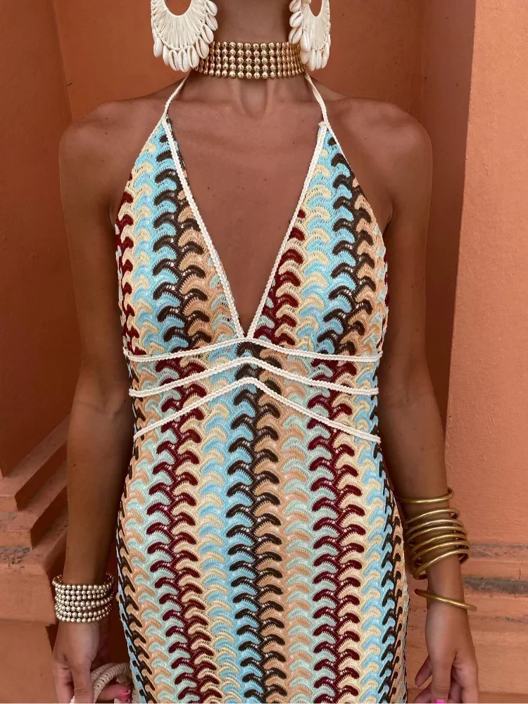 Halter Deep V Neck Multi Strap Crochet Chevron Maxi Dress 5