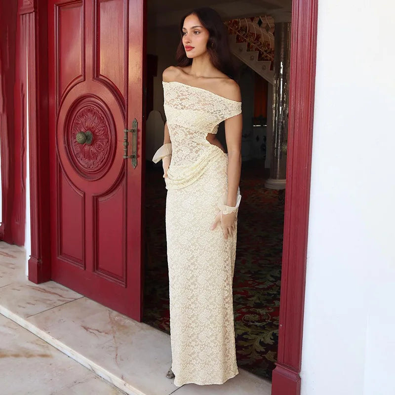 Off Shoulder Floral Lace Asymmetric Neckline Bodycon Maxi Dress 3