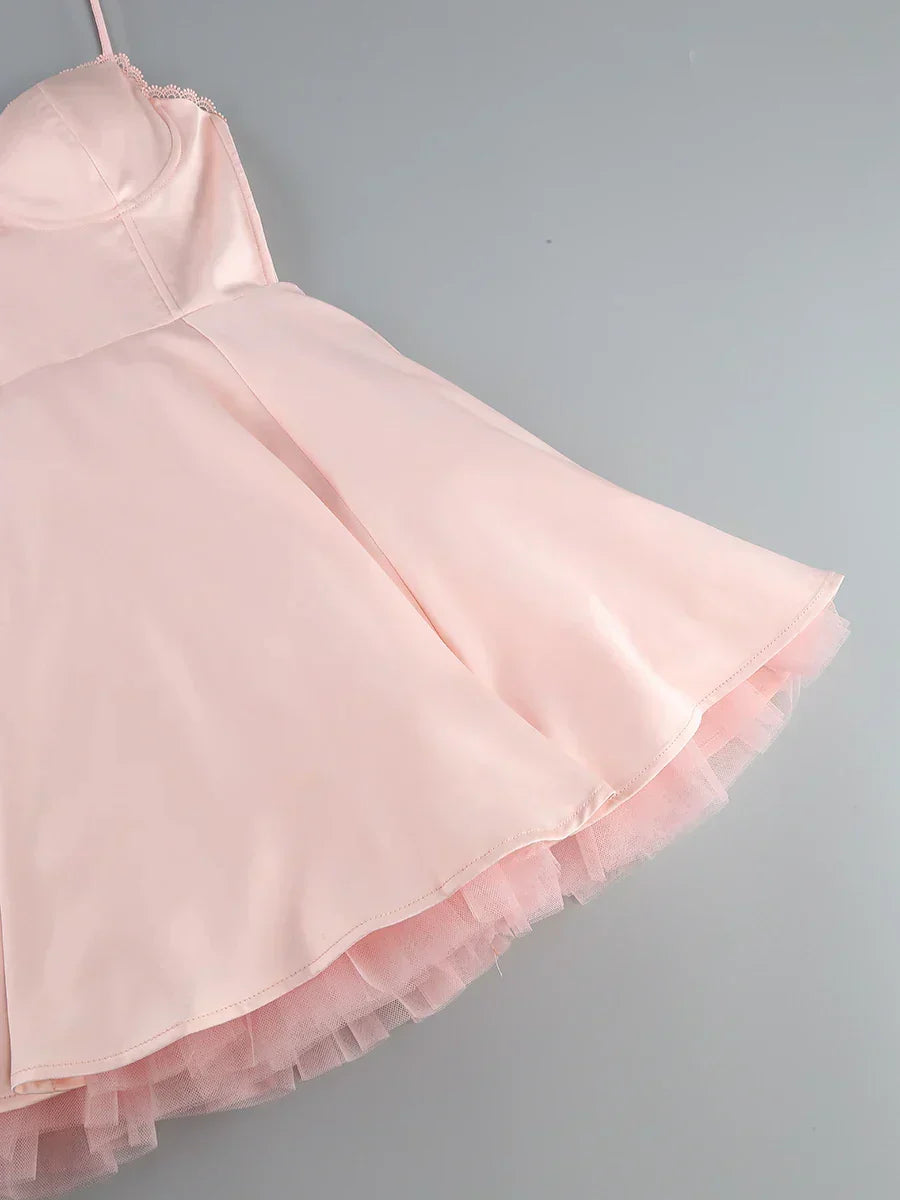 Sweetheart Neck Lace Trim Spaghetti Strap Tulle Hem Fit and Flare Mini Dress 13