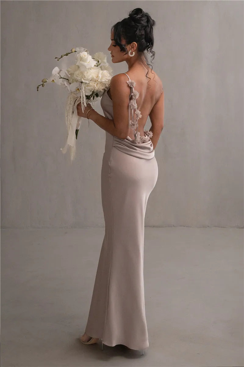 Spaghetti Strap Floral Applique Cowl Back Satin Maxi Dress 24
