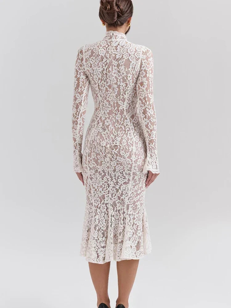 Floral Lace Mock Neck Long Sleeve Trumpet Hem Midi Dress 5
