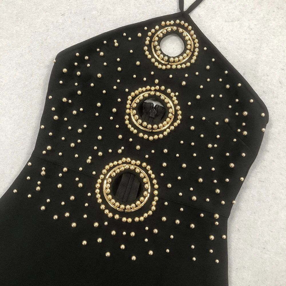 Halter Ring Cut Out Studded Thigh Slit Backless Maxi Gown 13