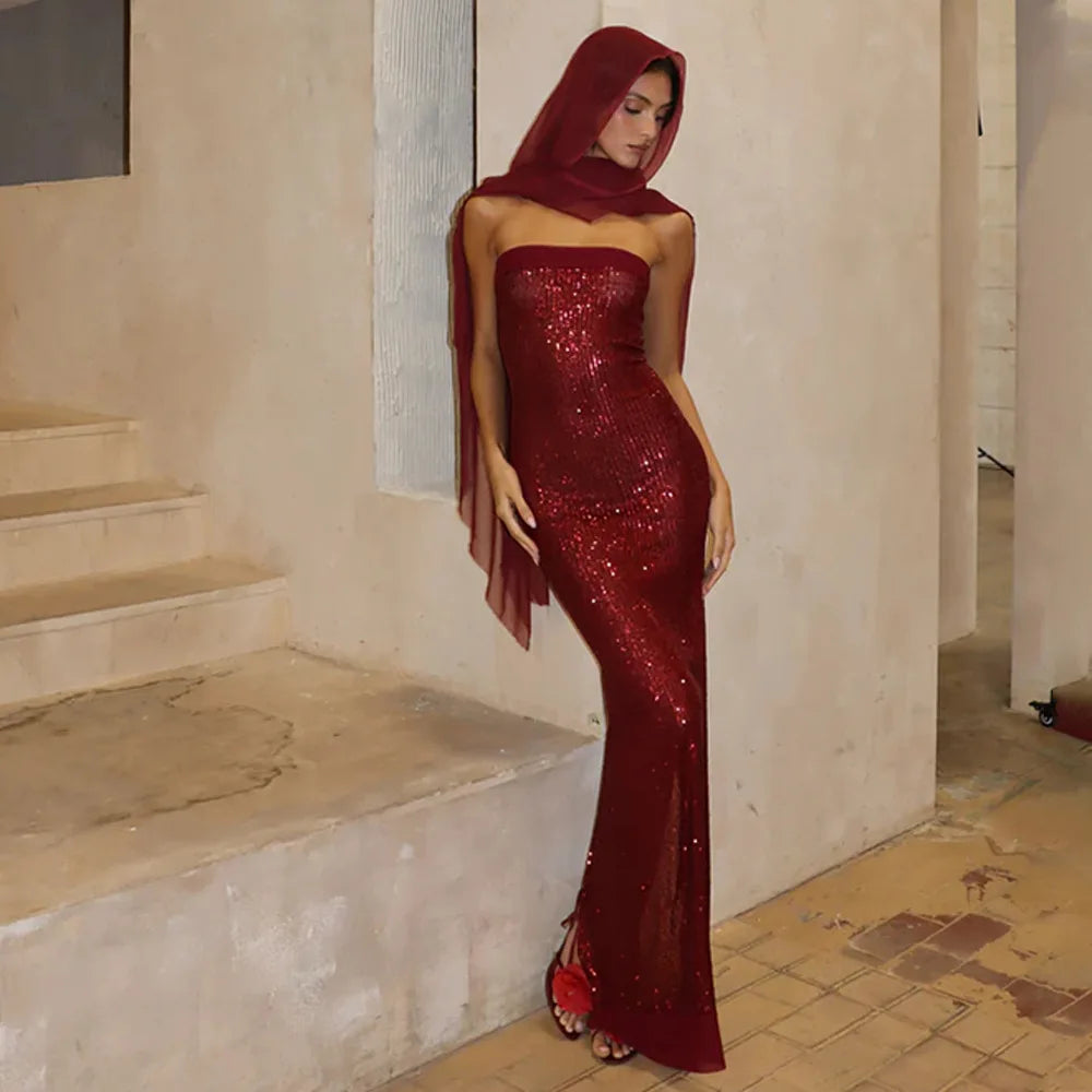 Strapless Sequin Hooded Sheer Shawl Mermaid Bodycon Maxi Gown 4