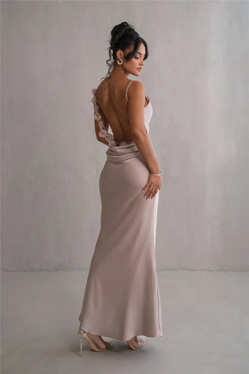 Spaghetti Strap Floral Applique Cowl Back Satin Maxi Dress 17
