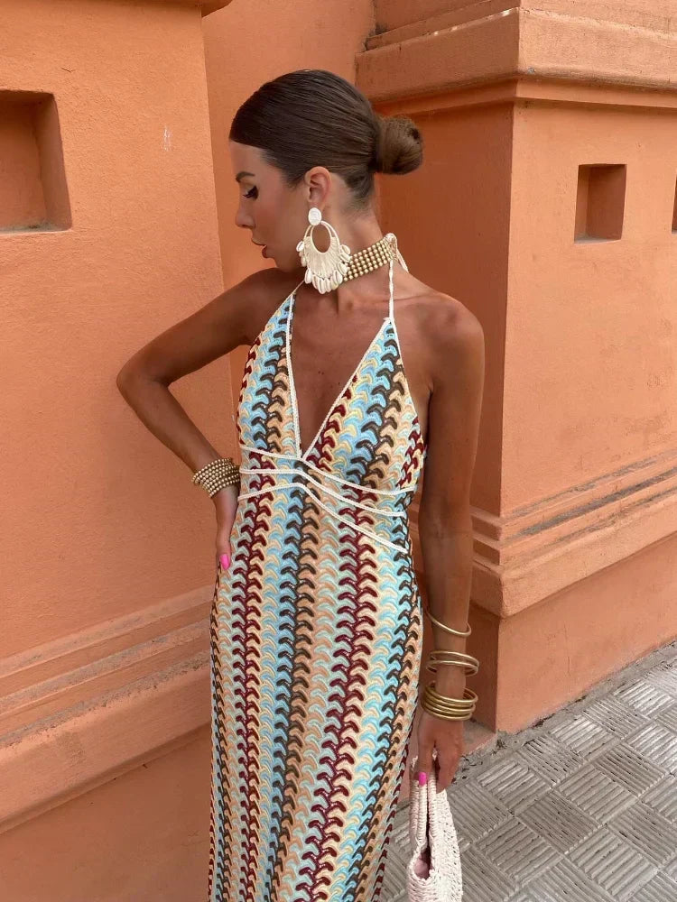 Halter Deep V Crochet Wave Pattern Column Maxi Dress 4