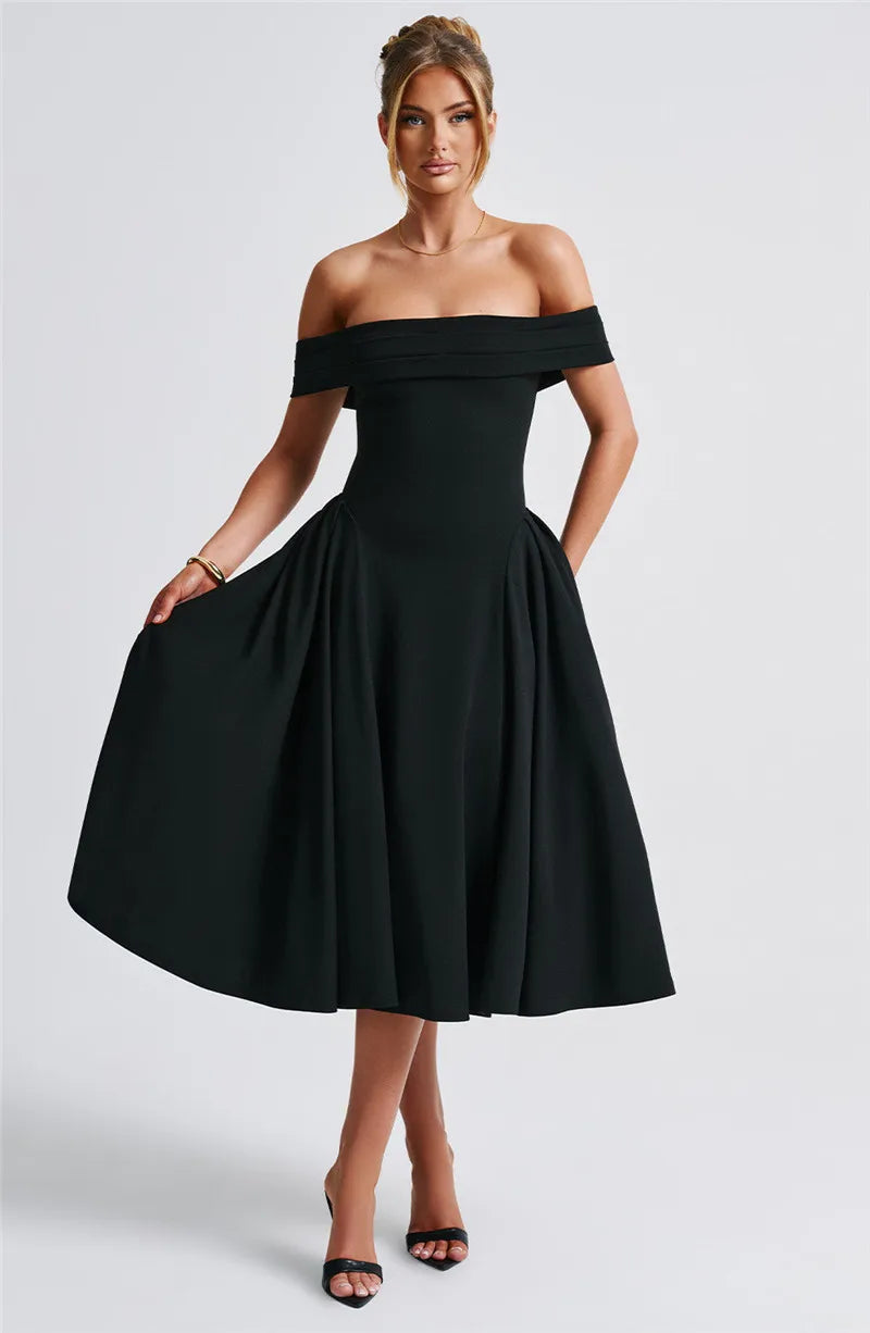 Off-Shoulder Folded Band Box Pleat Flare Midi Dress 14