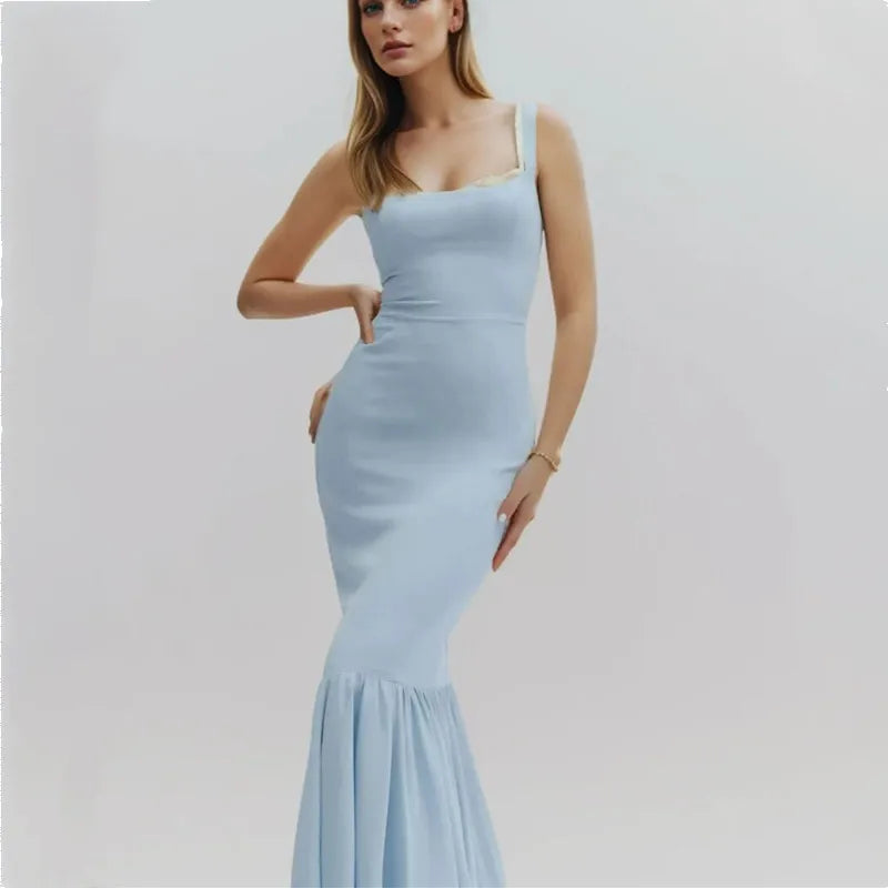 Square Neck Sleeveless Mermaid Ruffle Fluted Hem Maxi Dress