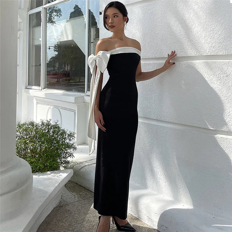 Off Shoulder Contrast Bow Shoulder Ribbon Bodycon Maxi Dress 13