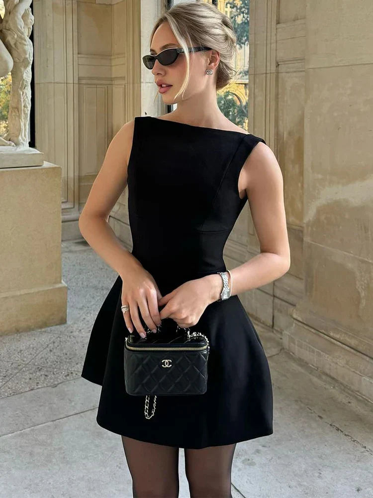 Boat Neck Sleeveless Fitted Waist Flared Skater Mini Dress